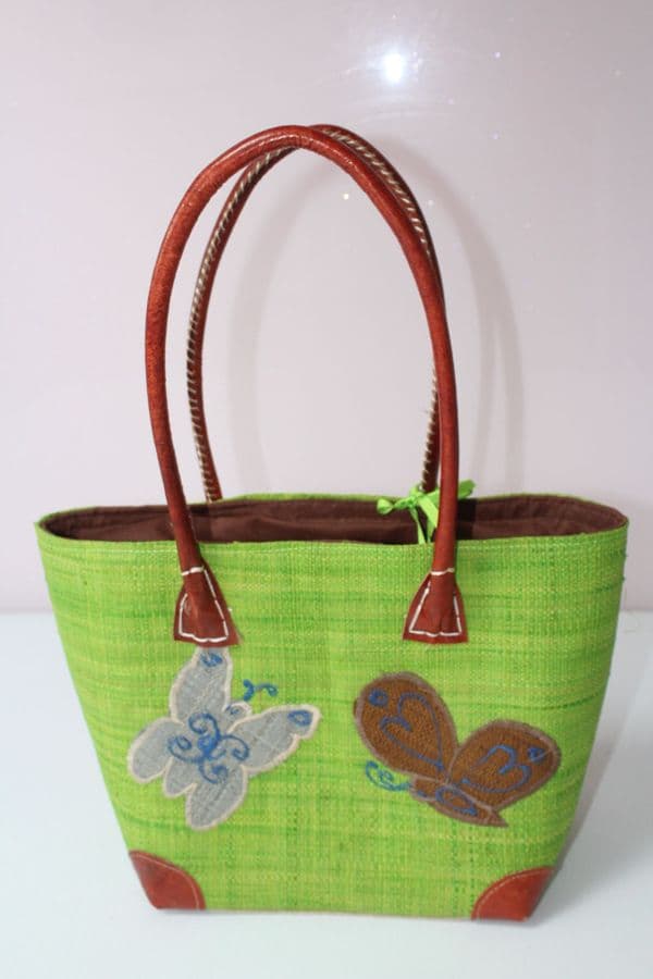 Green Basket with 2 Butterflies Raffia /Aravola  basket
