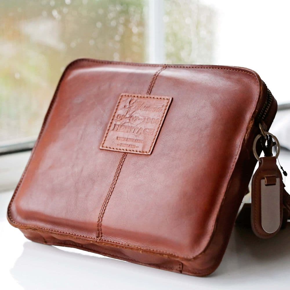 Vintage Leather Tablet Bag With Personalised Name Tag