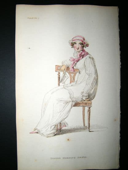 Ackermann 1812 Hand Col Regency Fashion Print. Indoor Morning Dress 7-18 | Albion Prints
