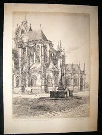 Adeline S. Illingworth C1890s Folio Etching. Notre Dame La Ferte Bernard. Signed