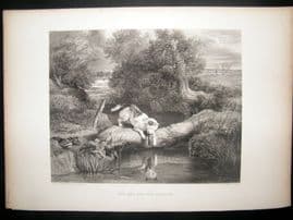 After Landseer 1860 Antique Dog Print. The Dog and the Shadow