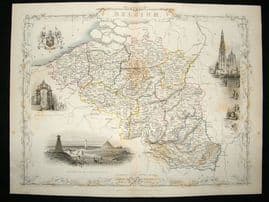 Belgium: 1852 Antique Map. Decorative. Tallis Rapkin