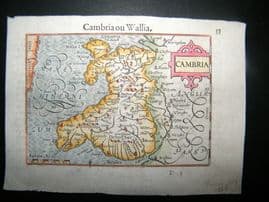 Bertius 1609 Antique Hand Col Map. Cambria, Wales, UK