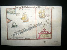 Bertius 1612 Hand Col Map. Maldivae Insulae. Maldives Ceylon, Ships Sea Monsters