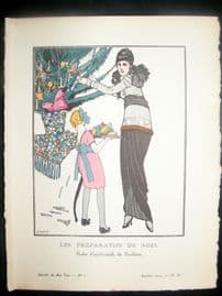 Gazette du Bon Ton by Gose 1914 Art Deco Pochoir. Les Preparatifs de Noel
