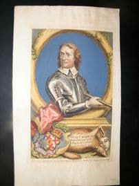 George Vertue & Samuel Cooper 1736 Hand Col Etched Portrait of Oliver Cromwell