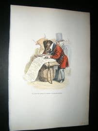 Grandville des Animaux 1842 Hand Col Print. Bull & Pig Signing Petition