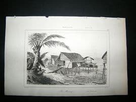 Pacific Papua:C1850 Steel Engraving, Houses.