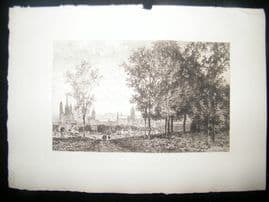 Maxime Lalanne 1885 Etching. Rouen from the Country, France