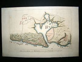 Cuba: 1766 Antique Map. Siege of Havana. Hand Colored