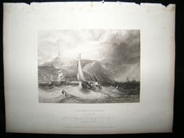 UK 1834 Antique Print. Scarborough Castle, Boats, Yorkshire