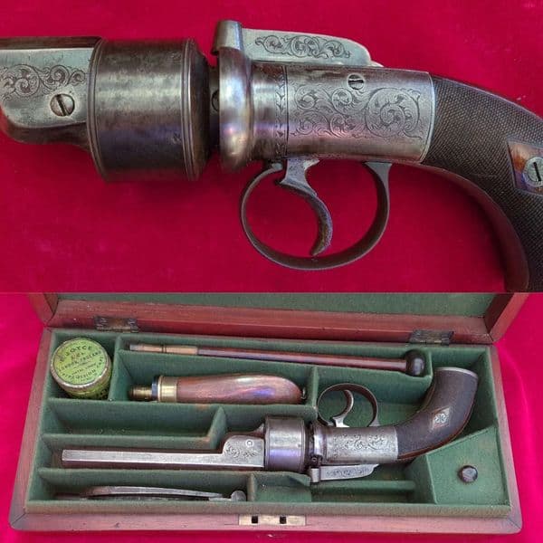 A Cased .40 calibre English Transitional Percussion Revolver by S. Nock. Circa 1855. Ref 3028.
