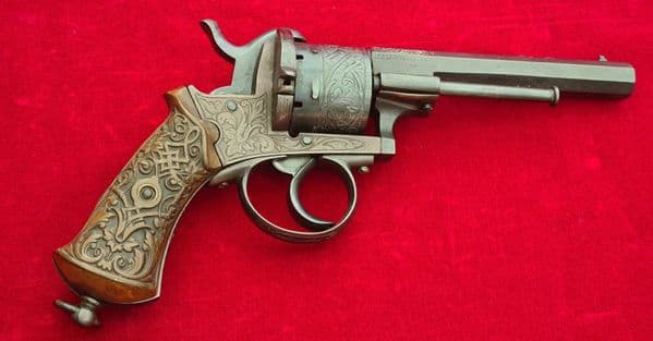 A fine decorative Belgian 6 shot 10mm pin-fire double-action revolver. Circa 1865.  Ref 3975