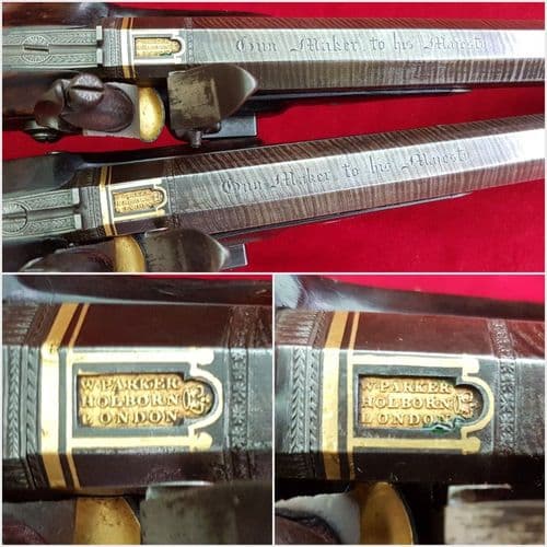 A rare cased pair of saw-handled flintlock duelling pistols  by W. PARKER London. FOR SALE. Ref 9927