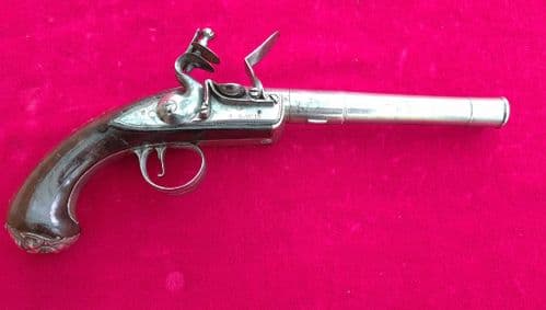 A rare English Queen Anne half stocked silver mounted cannon barrel flintlock pistol. Ref 3783