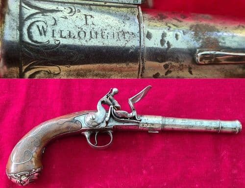 A rare Queen Anne iron framed Silver Mounted Flintlock pistol made by R Willoughby C. 1740. Ref 3680