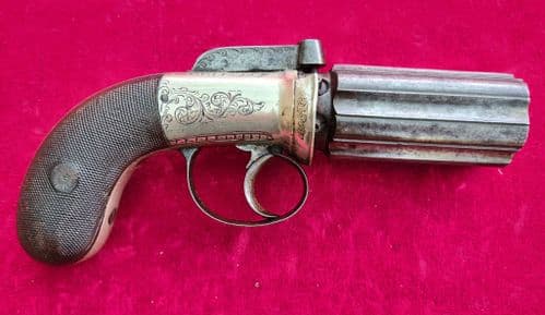 A scarce English .36 cal percussion bar-hammer 6 shot pepper-box revolver. Circa 1840-1850. Ref 3774