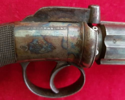 A scarce English Percussion bar hammer 6 shot Pepper box revolver. Circa 1840-1850. Ref 2804