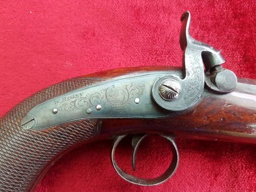 A scarce Irish single shot percussion pistol. Engraved W. RIGBY, DUBLIN. Good condition. Ref 9584.