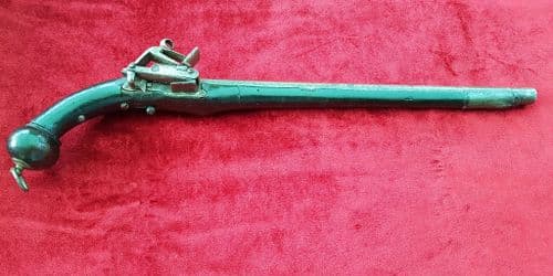 A Scarce Russian or Turkish very long Miquelet pistol with a ball-butt. Well used condition. Ref 9774.