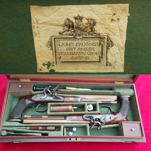A superb cased pair of saw-handled flintlock duelling pistols by JOHN PROSSER. FOR SALE. Ref 2467.