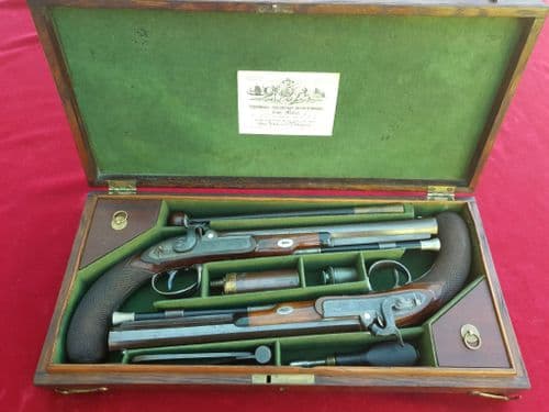 A superb cased pair of silver mounted Duelling pistols by Mortimer of LONDON. FOR SALE.  Ref 2313.