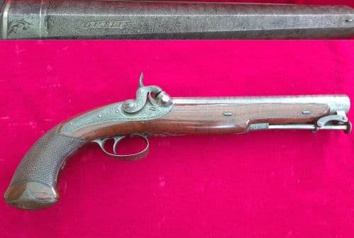 A superb Irish .75 cal percussion travelling pistol made by W & J Rigby. Circa 1840.  Ref 3216