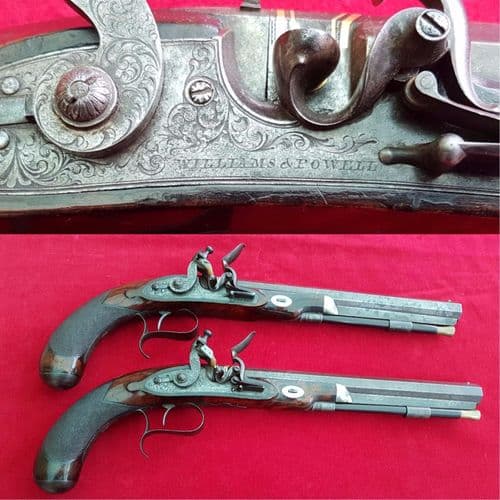 A very fine pair of Flintlock duelling pistols by WILLIAMS & POWELL, FOR SALE. Ref 9872.