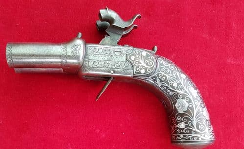 A very fine silver inlaid Side by Side Double Barrel Percussion Pistol by Lang London. Ref 1109.