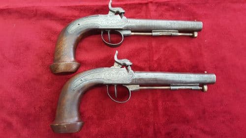 A very unusual pair of French percussion officer's pistols engraved "D' ALBIEZ Lt COLONEL". Circa 1840. Good condition. Ref 9205.