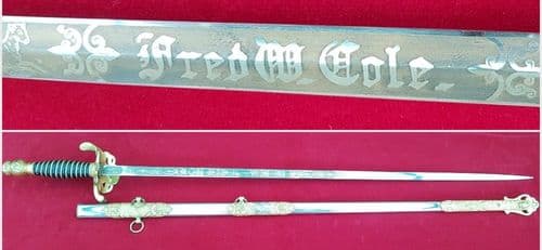 American Masonic or Lodge Sword. Engraved with original owner FRED W COLE. Good condition. Ref 8436.