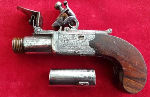 An English Flintlock boxlock pocket pistol by H.W. Mortimer of London.  Circa 1780 -1820. Ref 1724.