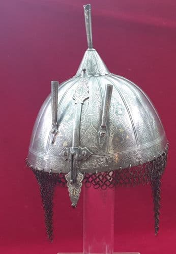 ARMOUR- a rare and interesting silver inlaid KULA-KHUD metal helmet. Indian 19th century. Ref 2773