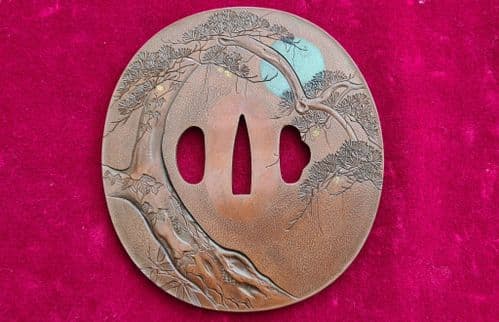 FOR SALE- ANTIQUE silver inlaid, metal (copper) Tsuba for a Samurai  katana. Size is 9cms. Ref 3989.