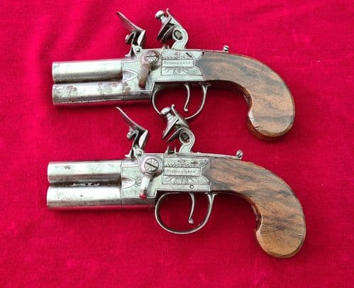Pair of English over & Under double barrel  flintlock pistols by Richardson. C.1795-1820.  Ref 3755