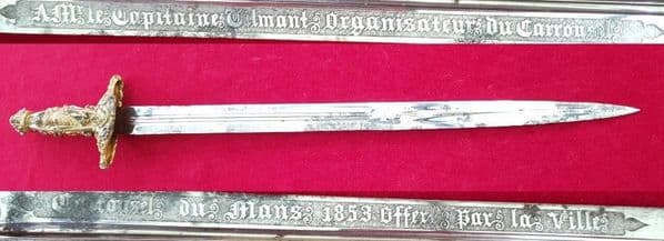 X X SOLD X  X X  LE-MANS 19thC.  presentation Sword,  hilt embossed with classical figures. Ref 2784