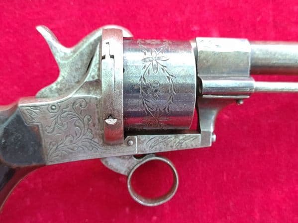X X X SOLD X X X  11mm 6 shot pinfire revolver with  unusual ring trigger. C. 1865. Ref 3400