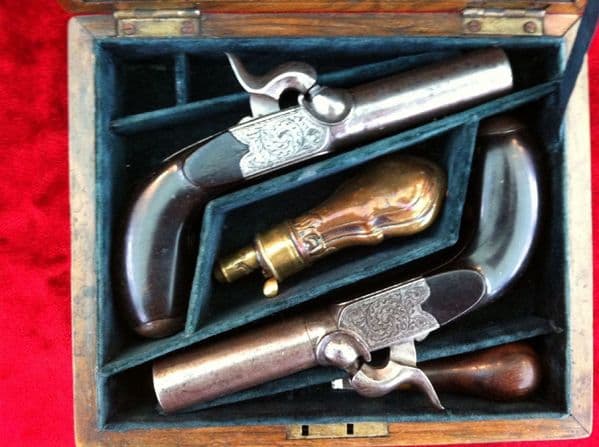 X X X  SOLD X X X   A Fine Pair of Continental Large Calibre Percussion Man-Stopper Pistols, complete in case, Circa 1840. Ref 9010.