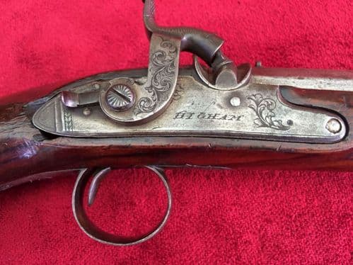 X X X  SOLD  X X X  A good quality English Percussion travelling pistol by Higham of Warrington. Circa 1830-1845.  Good condition. Ref 8613.