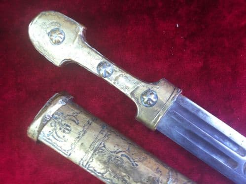 X X X SOLD X X  X Caucasian Kindjal with brass covered scabbard and hilt.  Ref 7125