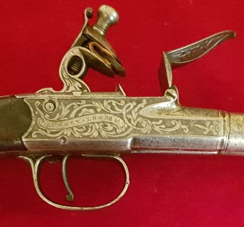 X X X  SOLD X X X  Double Barrelled Flintlock Pistol made by Bunney London. Circa 1790. Ref 2632.