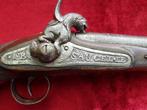 X X X SOLD  X X X  percussion pistol engraved SAUCELLE (ESPANA). Good condition. Ref 9773.