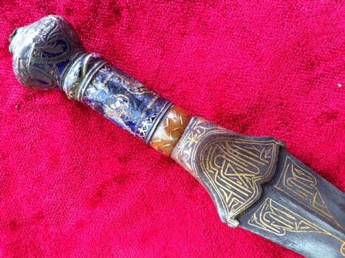 XXX SOLD XXX Turkish 19th C Dagger - Gold inlaid blade & enamelled hilt. Complete with original Scabbard. Ref 6604