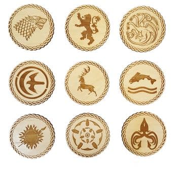 Game of Thrones Inspired Wooden Coasters - Set of 9 Engraved House Sigils