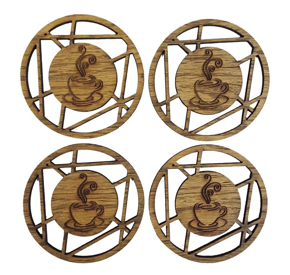 Artistic Design Coffee Cup Coasters Oak Veneer Pack of 4