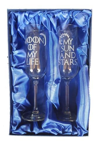 Game of Thrones Inspired "My Sun and Stars, Moon of My Life" Pair of Champagne Flutes