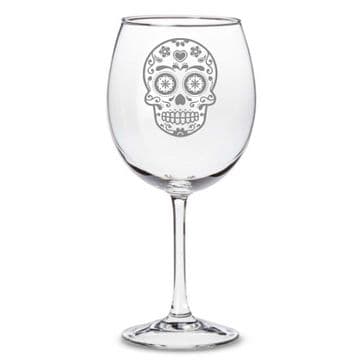 Mexican Sugar Skull Day of The Dead Calavera Inspired - Laser Engraved Wine Glass