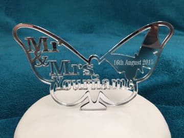 Personalised Mr & Mrs Butterfly Cake Topper 15cm x 10cm - choose from Mirror, Clear or Black