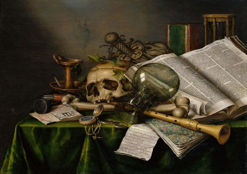 Collier, Edwaert: Vanitas - Still Life with Books, Manuscripts and a Skull.  (003979)