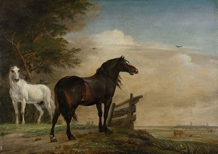 Potter, Paulus: Two Horses in a Meadow Near a Gate. Fine Art Print.  (004028)